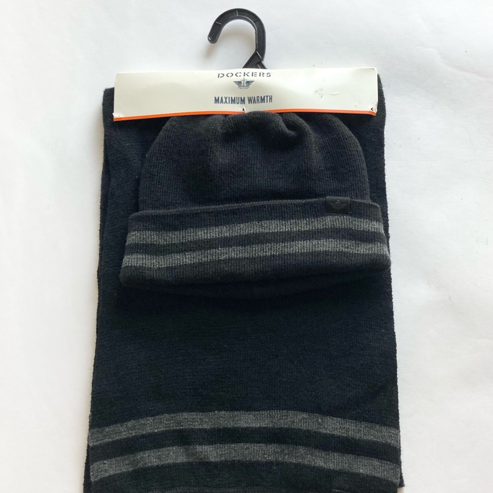 New Dockers Unisex 100% Acrylic Black Grey Knitted Scarf and Hat One size